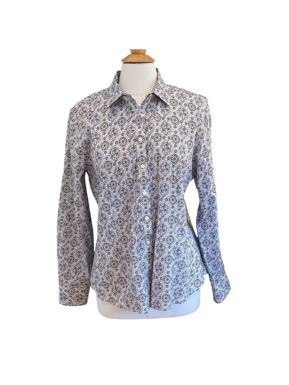 Talbots Navy Blue Allover Print Button Down Dress Shirt, Wrinkle Resistant, 16